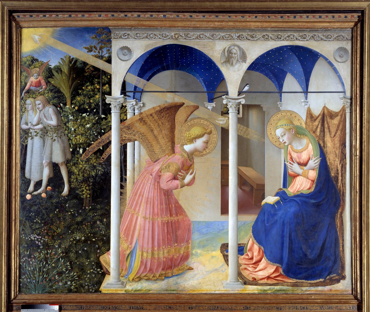 Az Angyali üdvözlet (a háttérben Ádám és Éva kiűzetett a Paradicsomból), c. 1445 (tempera és arany a panelen) alkotó: Fra (c.1387 1455) Angelico