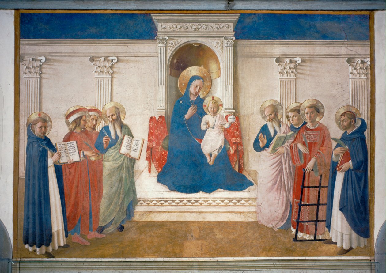 A trónoló Szűzanya, a gyermek Jézus és a szentek, freskó alkotó: Fra (c.1387-1455) Angelico