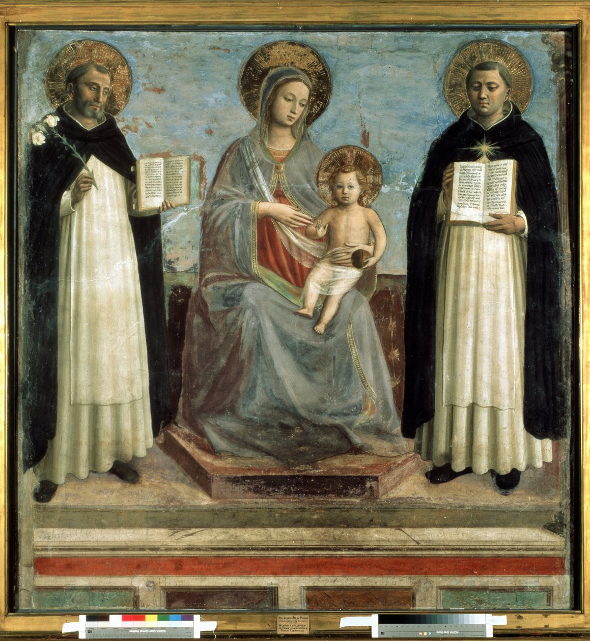 ""Madonna és a gyermek körülötte Guzman Szent Domonkos (1170-1221), a domonkos rend alapítója és Aquinói Szent Tamás (1225-1274) egyházdoktor" (A Szűz és a Gyermek Szent Domonkossal és Aquinói Tamással) Szarvasgomba fagyöngy fán alkotó: Fra (c.1387 1455) Angelico