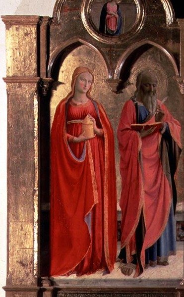 Szűz és négy angyal trónoló gyermeke, Szent János evangélista és Mária Magdolna részlete, a Polittico di San Domenico-ból (43910. részlet) alkotó: Fra (c.1387 1455) Angelico