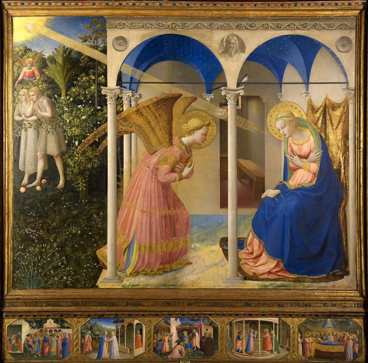 Angelico, Fra Giovanni, da Fiesole (kb. 1400-1455) Angyali üdvözlet tempera panelen Reneszánsz 1430-1432 Olaszország, Firenzei Iskola Museo del Prado, Madrid 154x194 Festmény alkotó: Fra  Angelico