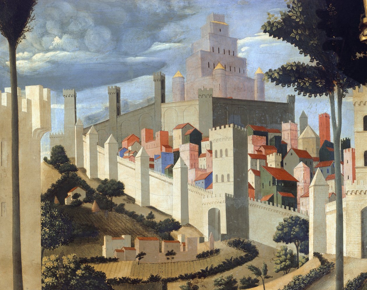 Krisztus lerakása (Szentháromság oltárkép), a táj részlete, kilátással Jeruzsálemre és Salamo templomára -1437-40 (tempera fán) alkotó: Fra  Angelico