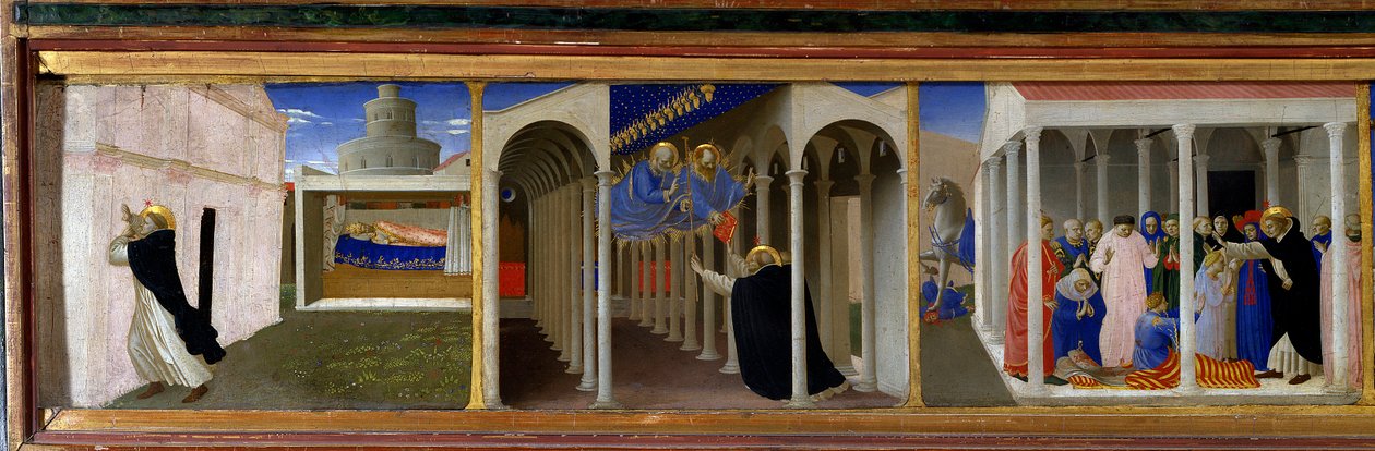 Balról jobbra Szent Dominika (1170-1221) és III. Innocent pápa (1160-1216), Szent Péter és Szent Pál jelenése Szent Domonkosnak, és a feltámadás jelenete, amelyet a szent csodálatos módon működtetett”” Bal rész a „” oltárkép predelléjének A Coro alkotó: Fra  Angelico