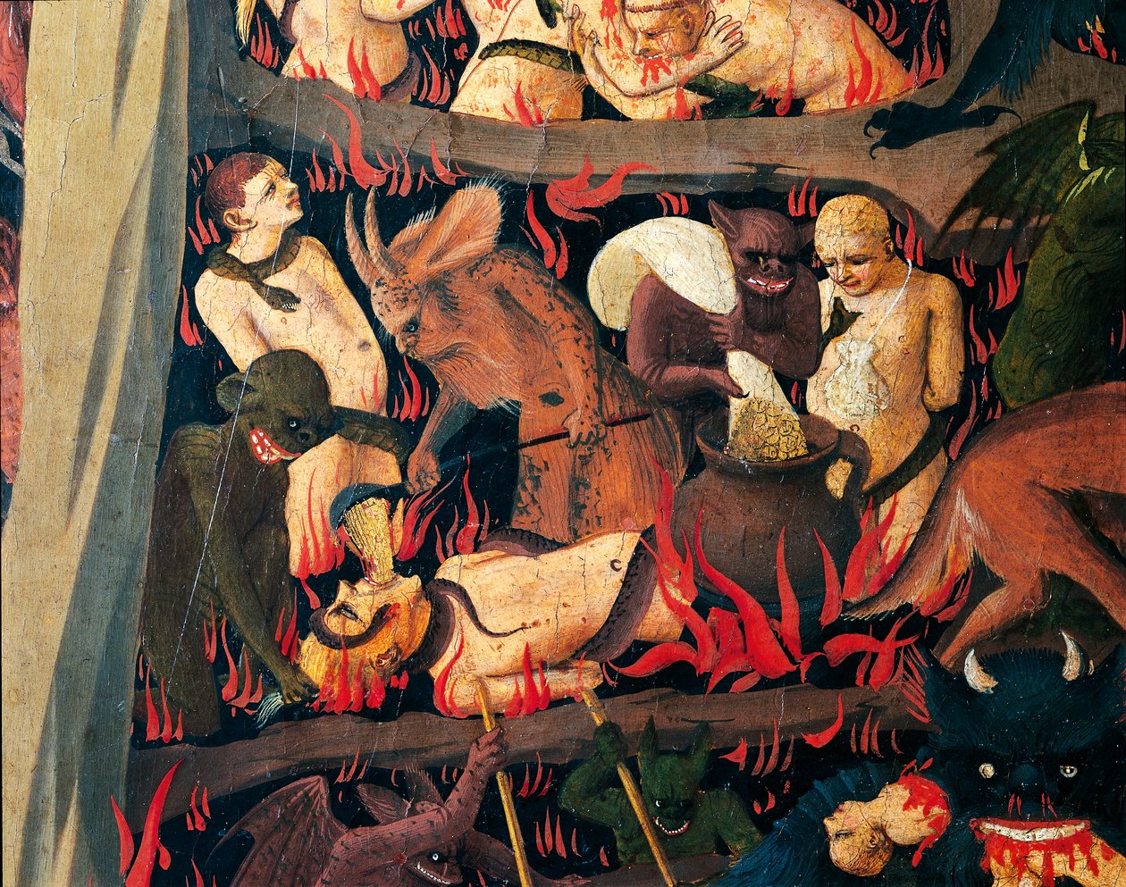 Pokol démonokkal, akik a kapzsiakat büntetik, részlet Giovanni da Fiesole Utolsó ítéletéből, Fra Angelico néven (1400-1455 körül), tempera a fán alkotó: Fra (c.1387 1455) Angelico