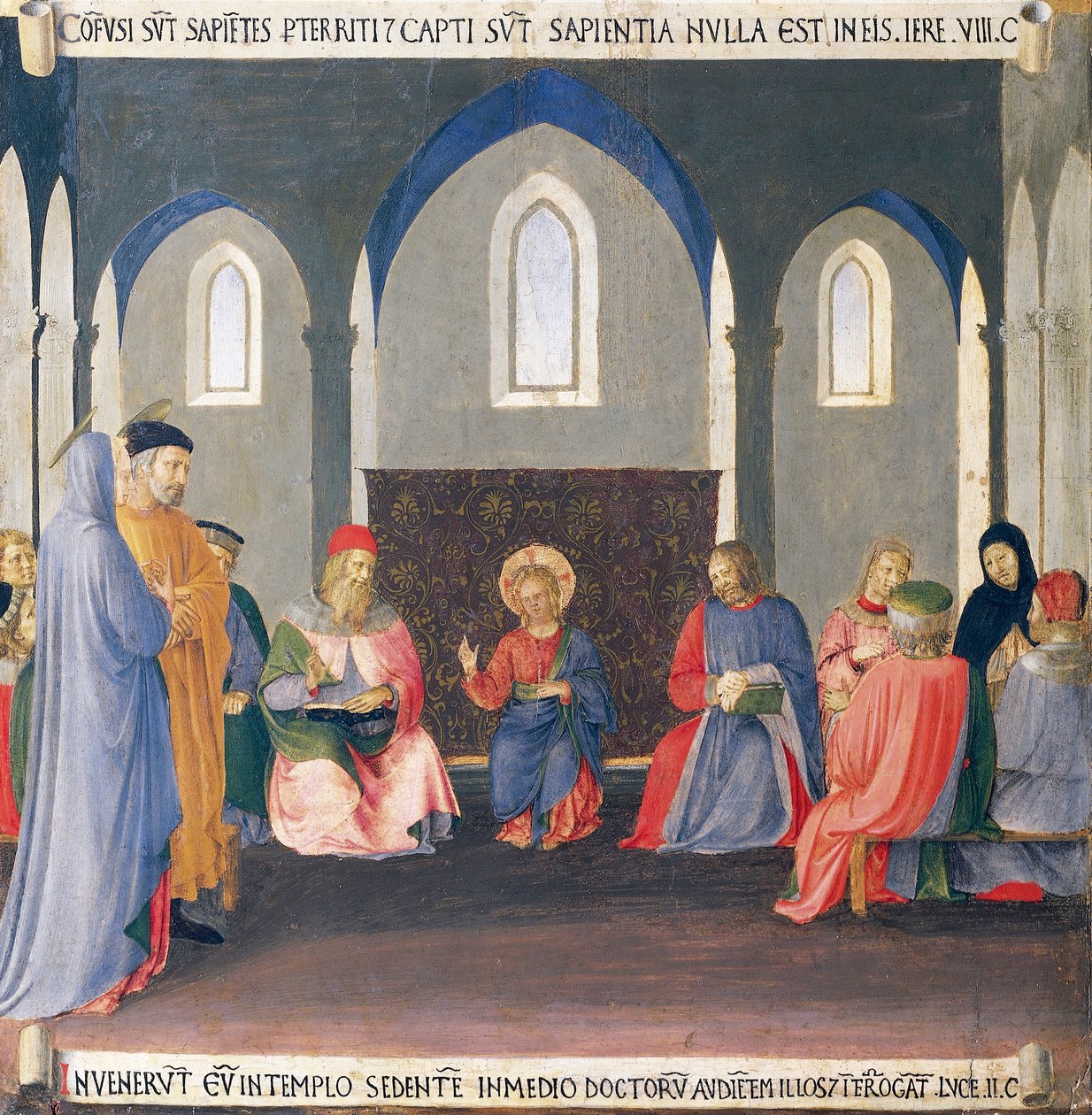 Betét, amely az orvosokkal folytatott vitát ábrázolja a templomban, az Armadio degli Argenti (Ezüstláda) panel Jézus életével alkotó: Fra (c.1387 1455) Angelico