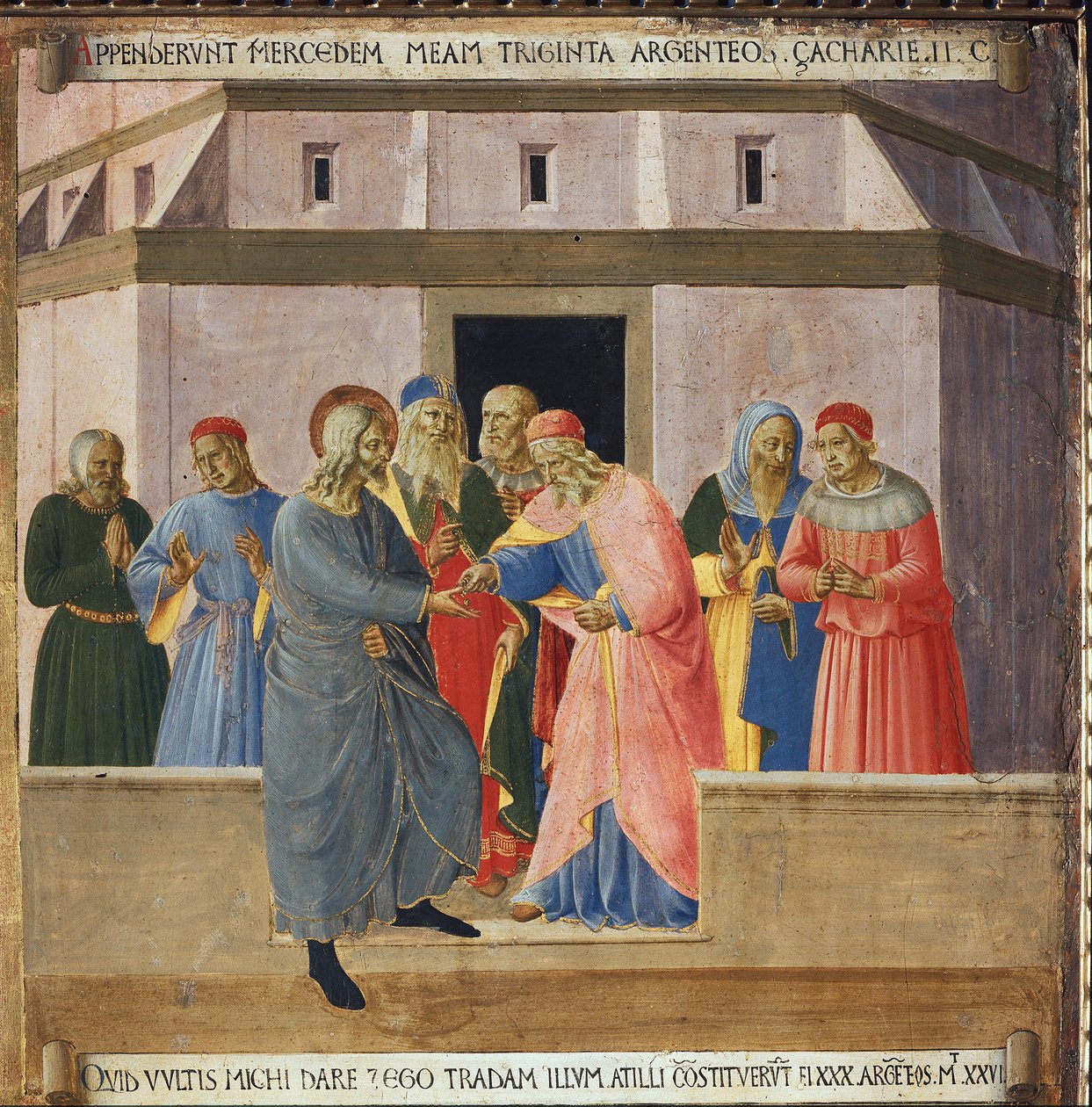 Júdás elment a főpapokhoz, és beleegyezett, hogy harminc ezüstpénzért cserébe átadja Jézust. Krisztus élete, Armadio degli Argenti. (Tempera fán alkotó: Fra  Angelico