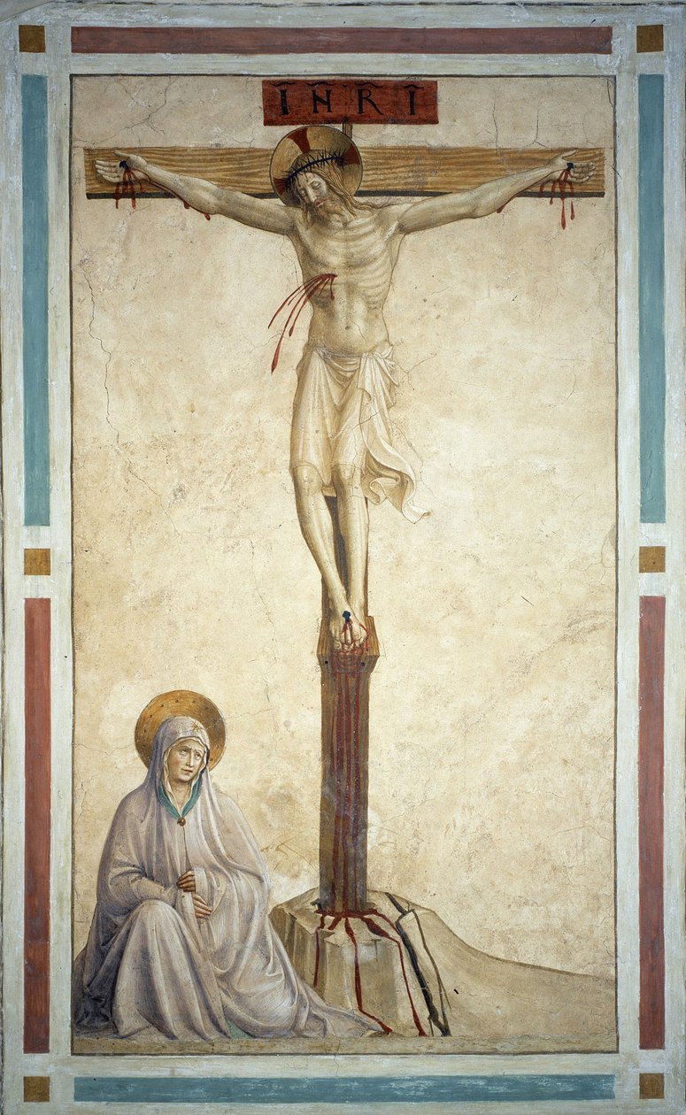 A keresztre feszítés Szűz Máriával. "INRI" felirat a kereszten. Guido di Pietro (vagy Fra Giovanni da Fiesole) freskója, Fra Angelico vagy il Beato néven ismert (1400-1455). alkotó: Fra  Angelico