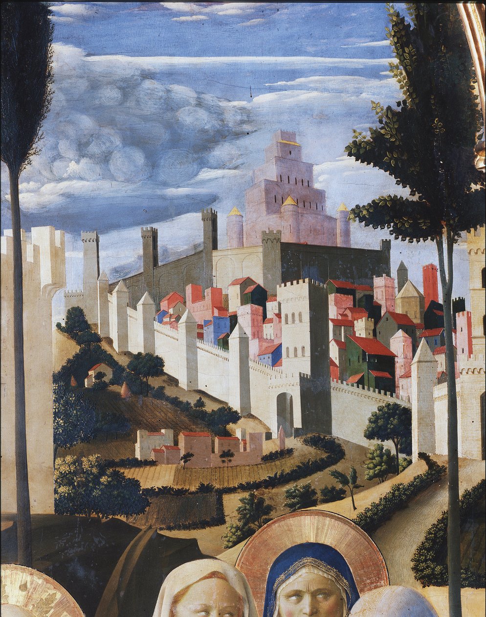 Táj, kilátással Jeruzsálemre és Salamon templomára. Részlet Krisztus letételéről vagy a Szentháromság-oltárképről (tempera fán alkotó: Fra  Angelico
