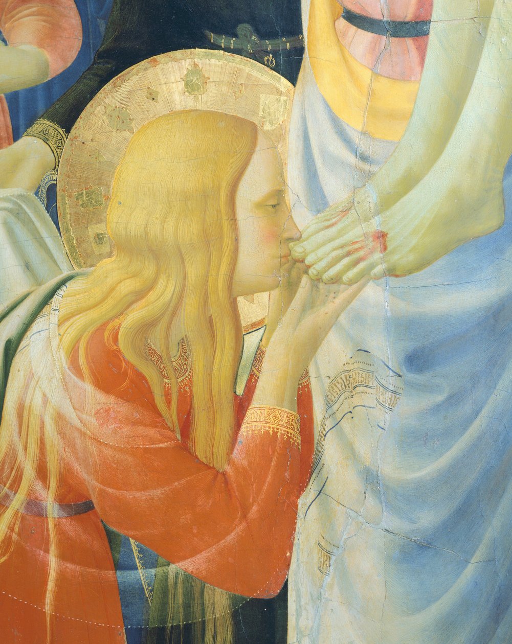 Mária Magdolna megcsókolja Jézus lábát, részlet a keresztről vagy a Szentháromság oltárképéből, 1432 körül, Giovanni da Fiesole, Fra Angelico néven (1400-1455 körül), tempera fán alkotó: Fra (c.1387 1455) Angelico