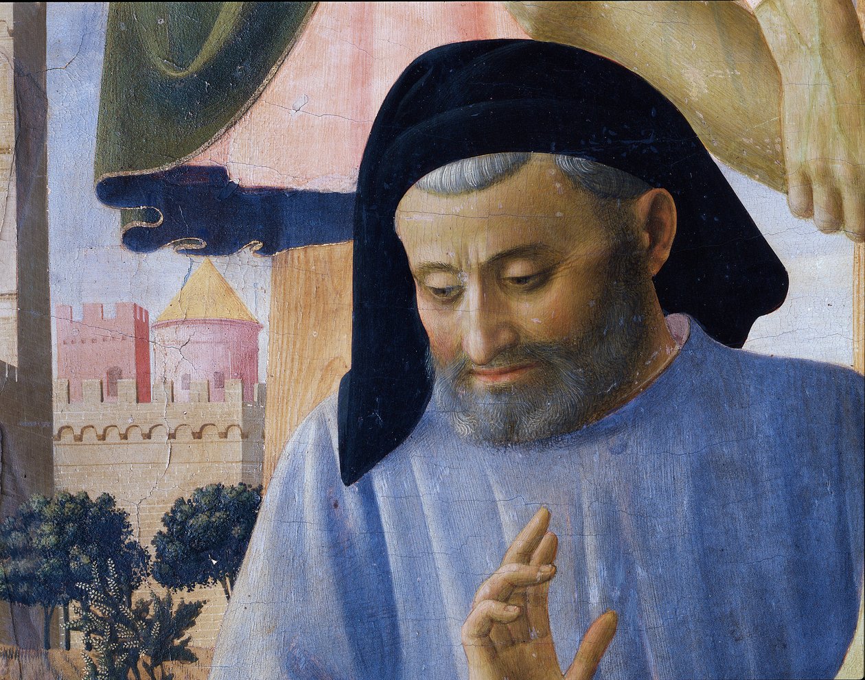 Michelozzo Michelozzi építész feltételezett portréja. Krisztus lerakódásának részlete vagy a Szentháromság-oltárkép (Tempera fán alkotó: Fra  Angelico