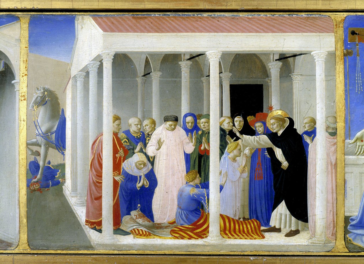 Szent Dominika (1170 - 1221), Napoleone Orsini feltámasztása, a „Szűz megkoronázása” alsó része (predelle), amely Krisztust jelképezi a sírnál, és Szent Dominika életének hat epizódja, az Angelicode rend alapítója alkotó: Fra  Angelico