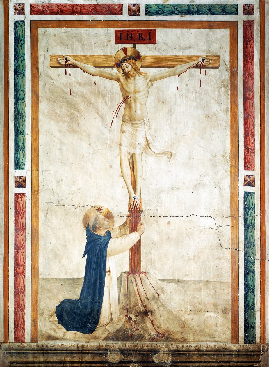 Giovanni da Fiesole feszületét imádó Szent Domonkos, Fra Angelico (körülbelül 1400-1455), freskó, a firenzei Szent Márk kolostor folyosója alkotó: Fra (c.1387 1455) Angelico