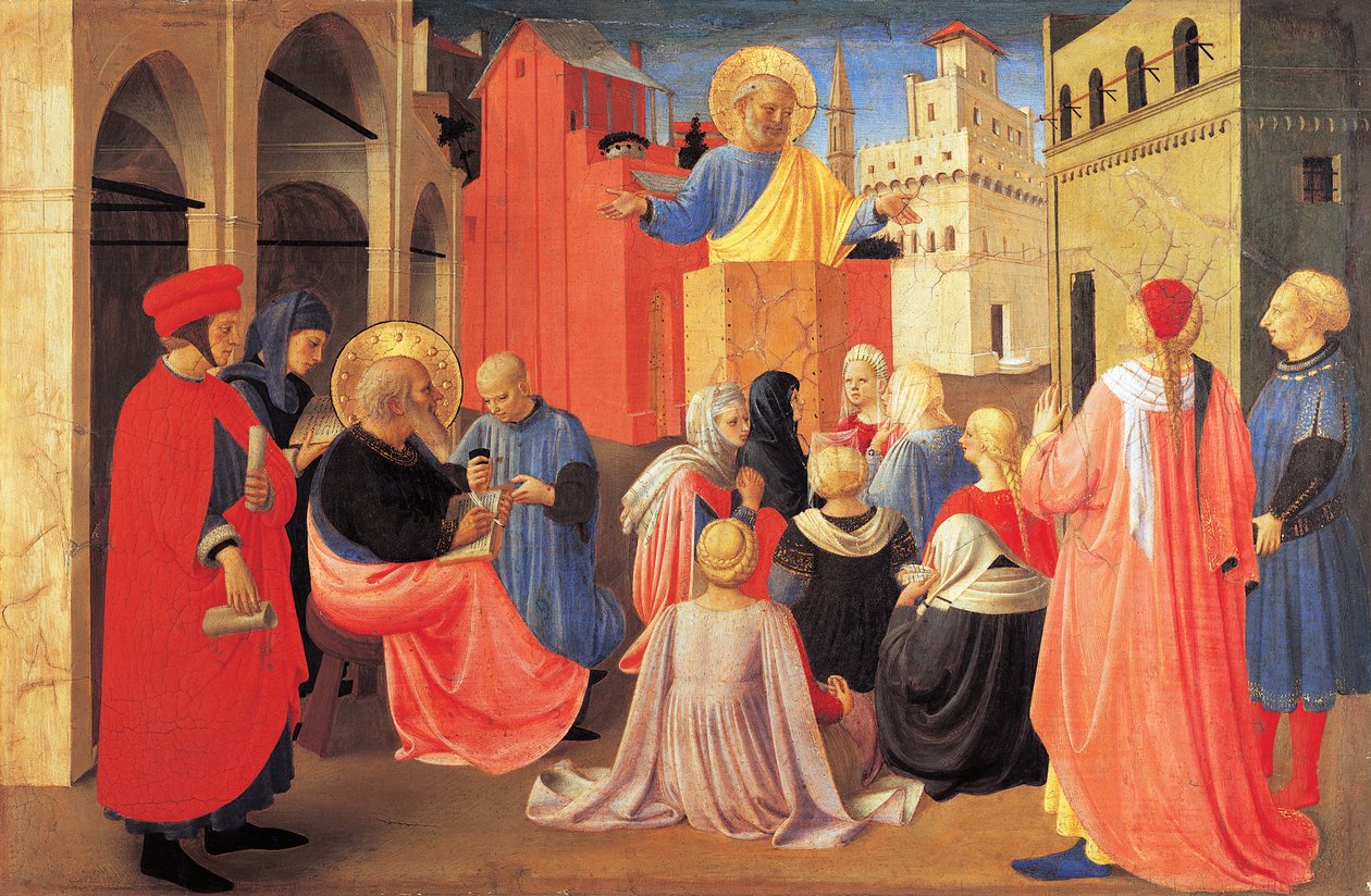 Szent Péter az evangéliumot hirdeti Szent Márknak, részlet a Vászonfedők Tabernákulumának predellájából alkotó: Fra (c.1387 1455) Angelico