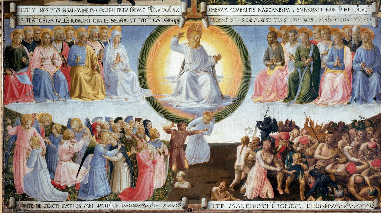 Guido di Pietro (vagy Fra Giovanni da Fiesole) Fra Angelico vagy il Beato (1400-1455) Az utolsó ítélet Detrempe fán. Festmény a szekrényhez ezüstből. 1450 Dim. 77x74 cm-es Szent Márk Múzeum. Firenze alkotó: Fra  Angelico