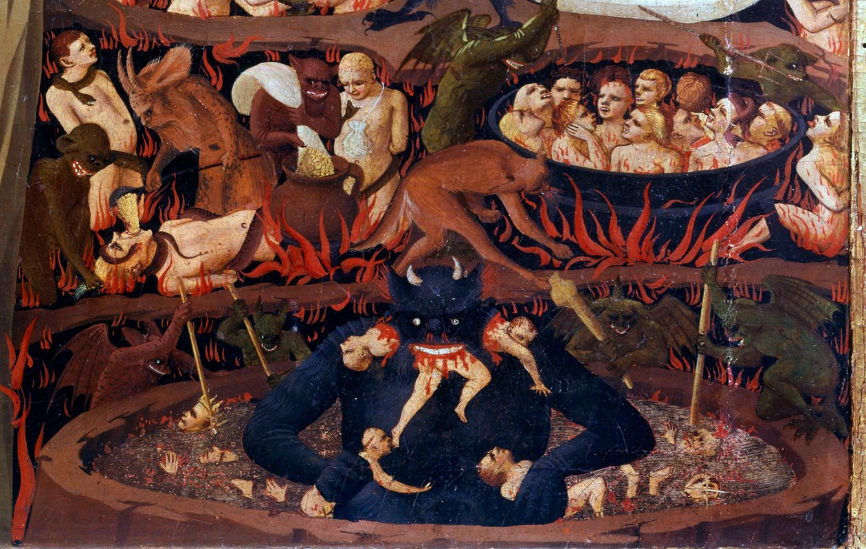 Az utolsó ítélet: részlet az alvilágról. Átkozottak a pokoli körökben, démonok kínzásai. Guido di Pietro (vagy Fra Giovanni da Fiesole) Fra Angelico vagy il Beato (1387-1455) detrempe részlete fán alkotó: Fra  Angelico