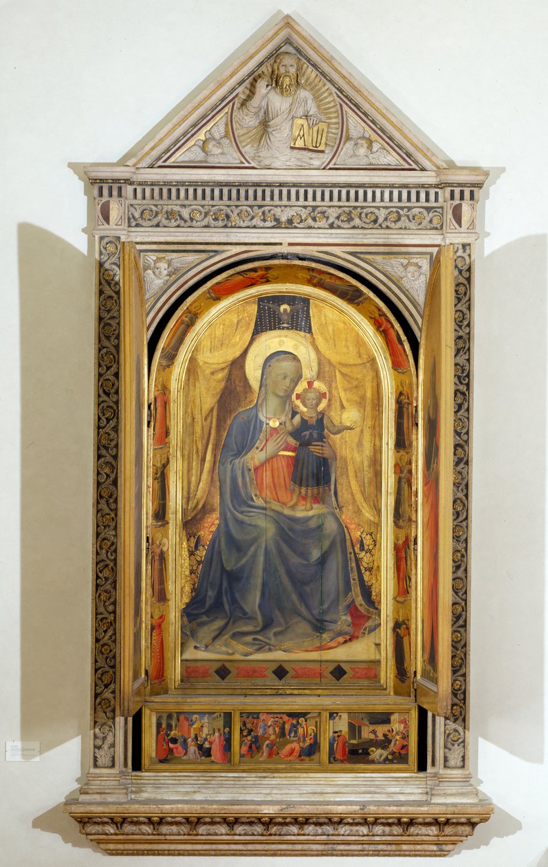 Linaiuoli Triptichon (nyitott zsalukkal): A Szűz és a Gyermek Keresztelő Szent Jánossal és Szent Márkkal trónol alkotó: Fra  Angelico