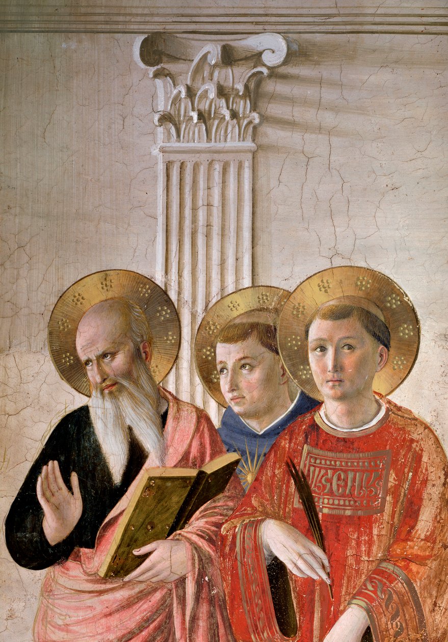 Az Árnyak Madonnája. Részlet: Szent János, Szent Tamás és Szent Lőrinc (freskó, 1438-1446 körül) alkotó: Fra  Angelico