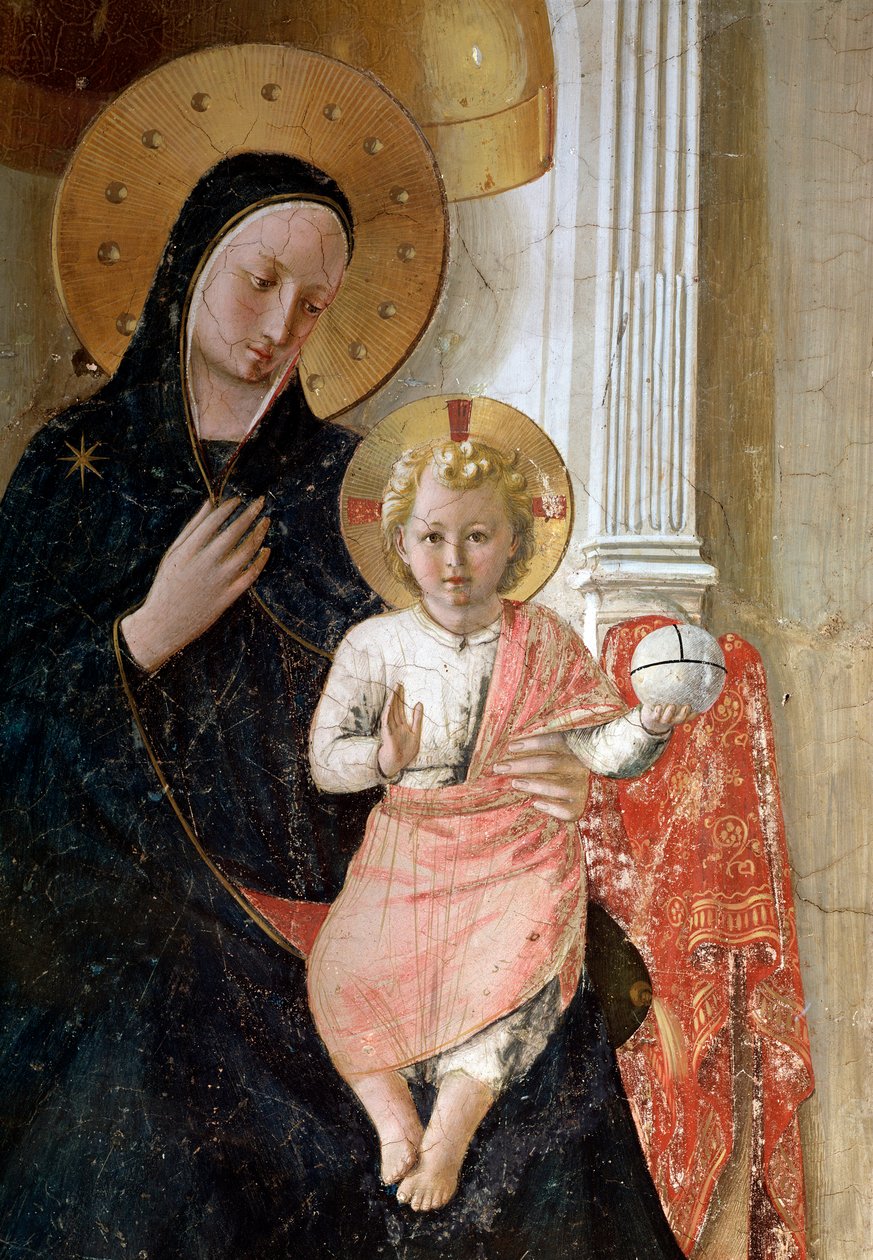 Az Árnyak Madonnája. Részlet, Jézus Krisztus aureolája kereszttel van jelölve (freskó, 1438-1446 körül) alkotó: Fra  Angelico