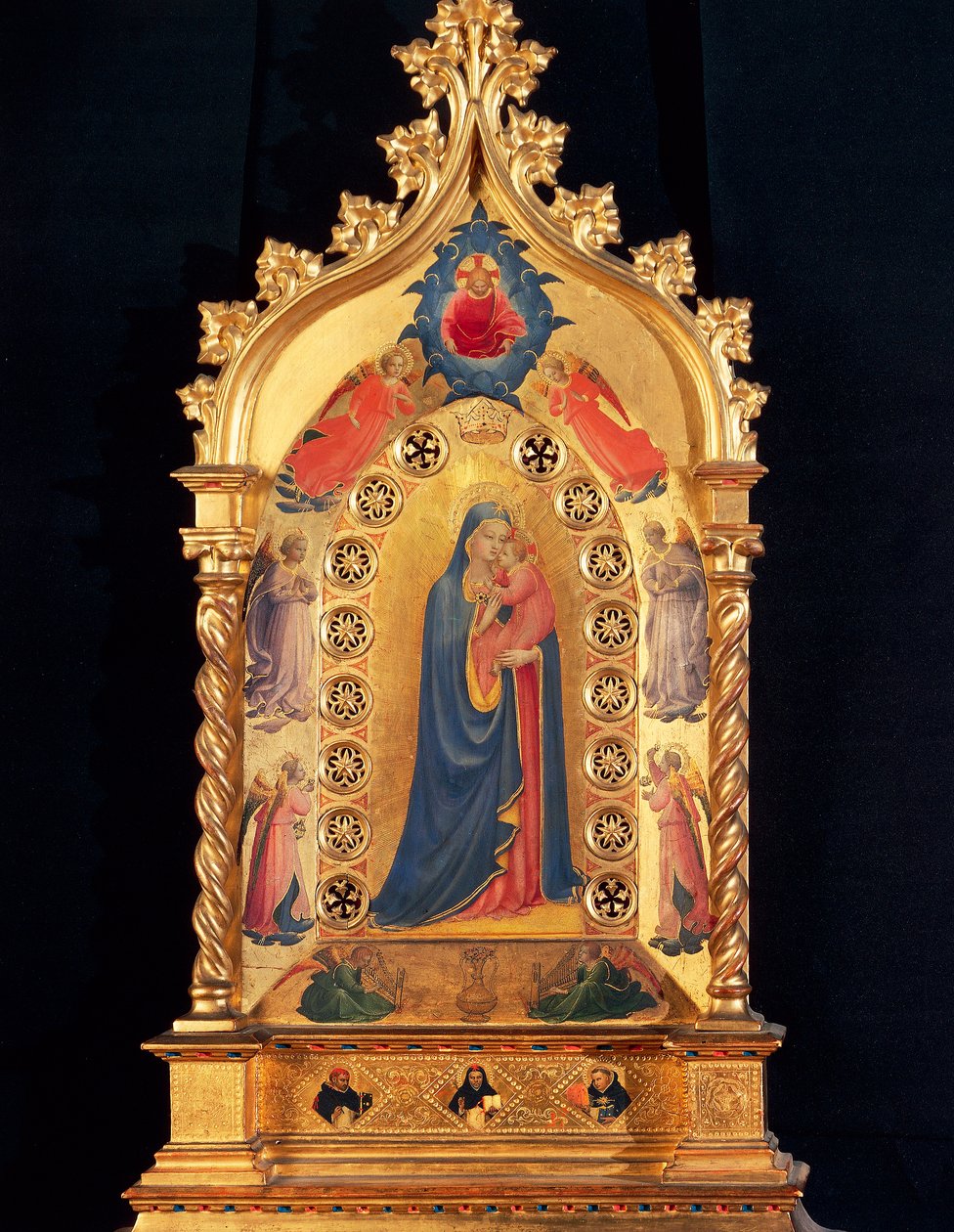 A Szűznek van az Ereklyetartó Csillaga Szűzanyával és Gyermekével, Szent Pere, Szent Péter, Szent Domonkos és Aquinói Szent Tamás. Guido di Pietro (vagy Fra Giovanni da Fiesole) festménye fára, Fra Angelico ou il Beato (1400-1455) 1434 Dim. 84x51 cm Firenz alkotó: Fra  Angelico