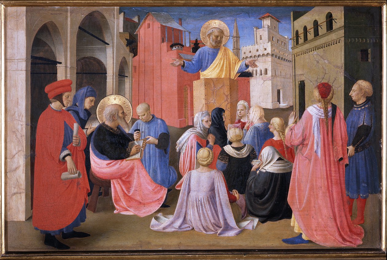 Szent Péter igehirdetése Szent Márk jelenlétében. A Linaioli tabernákulum (Festmény fára alkotó: Fra  Angelico