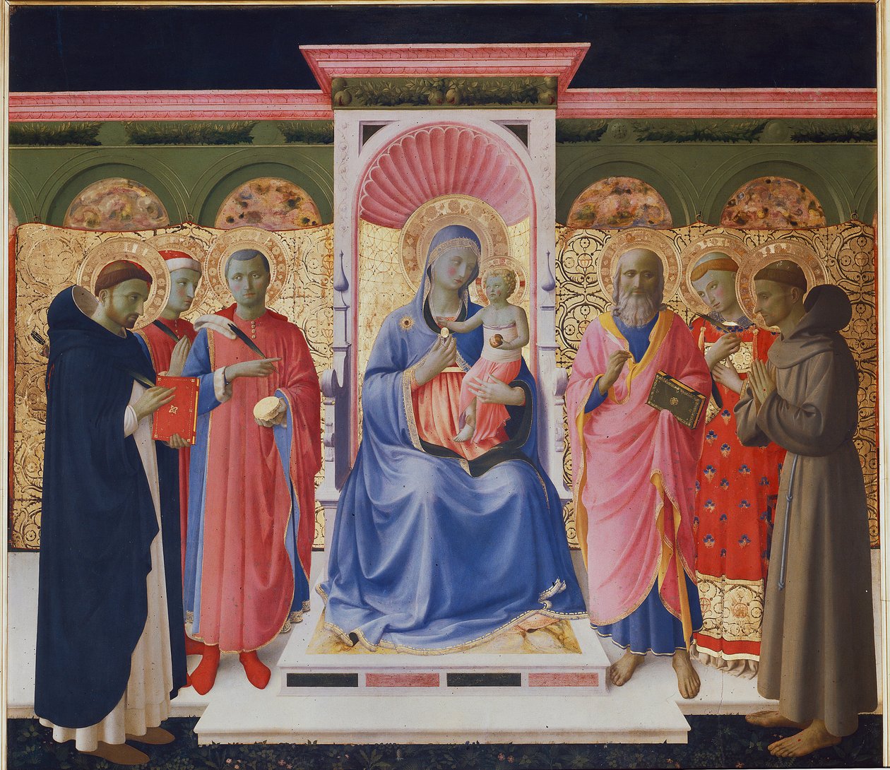Szűz és gyermek hat szenttel, Péterrel, Kozmással és Damianussal, Szent Jánossal, Szent Lőrincel és Szent Ferenccel. Annalena oltárkép részlete (Fafestmény alkotó: Fra  Angelico