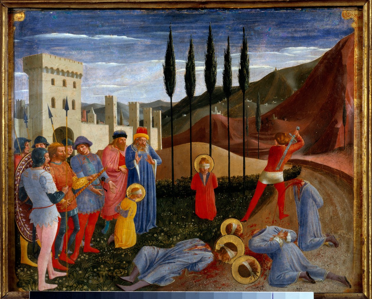 Szent Cosimo (Gyere vagy Cosimo) és Damien vértanúhalála. Saint Cosme és Saint Damien, a 3. században született ikertestvérek, orvosdoktorok, majd fejedékekig kínozták. Guido di Pietro (vagy Fra Giovanni da Fiesole) Detrempe a fán, Fra Ange alkotó: Fra  Angelico