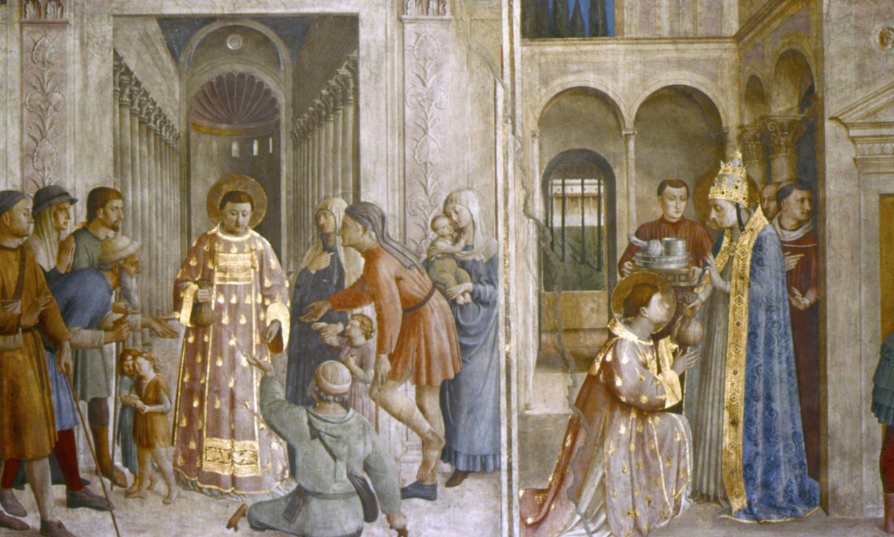 Szent Sixtus Lőrincre és Szent Lőrincre bízza az egyházi kincseket alkotó: Fra (c.1400 55) Angelico