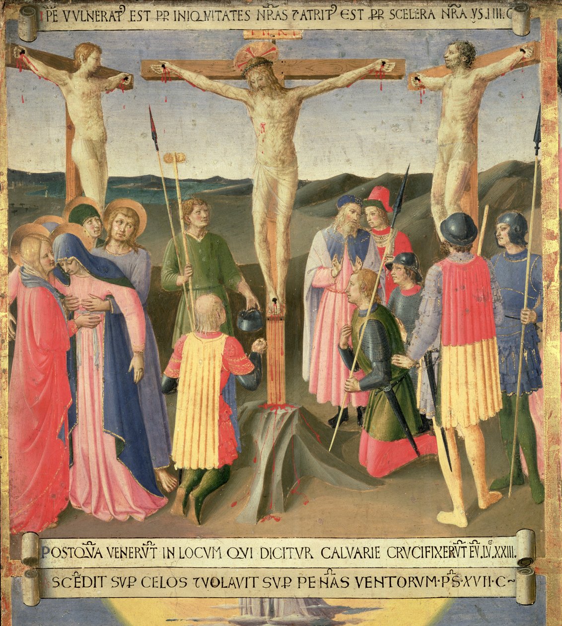 Krisztus a kereszten a két tolvaj között, részlet a Santissima Annunziata ezüstkincstárának negyedik táblájáról, 1450-53 körül (tempera a panelen) alkotó: Fra Angelico