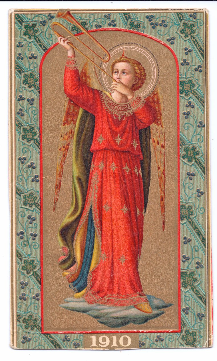 Színes litho print fra angelico angyal trombitán játszik, 1910 körül alkotó: Fra Angelico