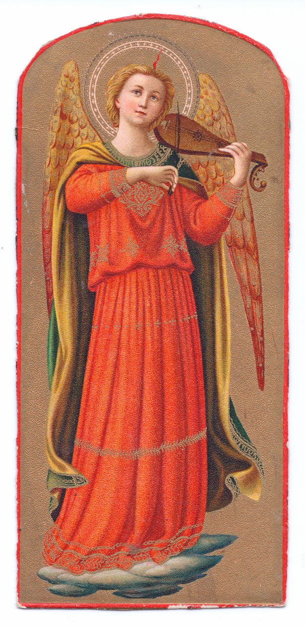 Színes litho print fra angelico angyal hegedűn játszik, 1910 körül alkotó: Fra Angelico