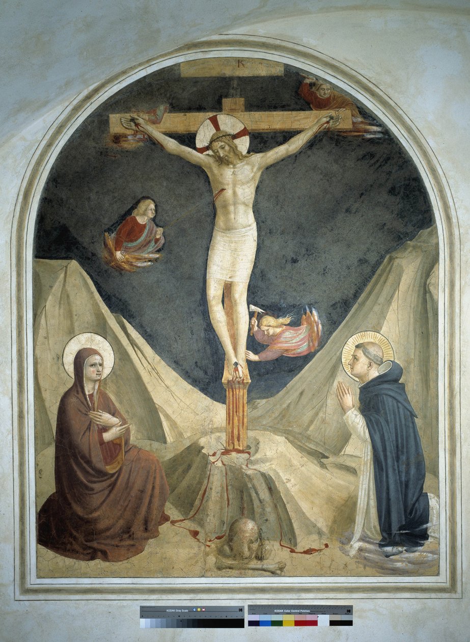 Keresztre feszítés a Szűzanyával és Szent Domonkossal. Guido di Pietro freskója alkotó: Fra Angelico