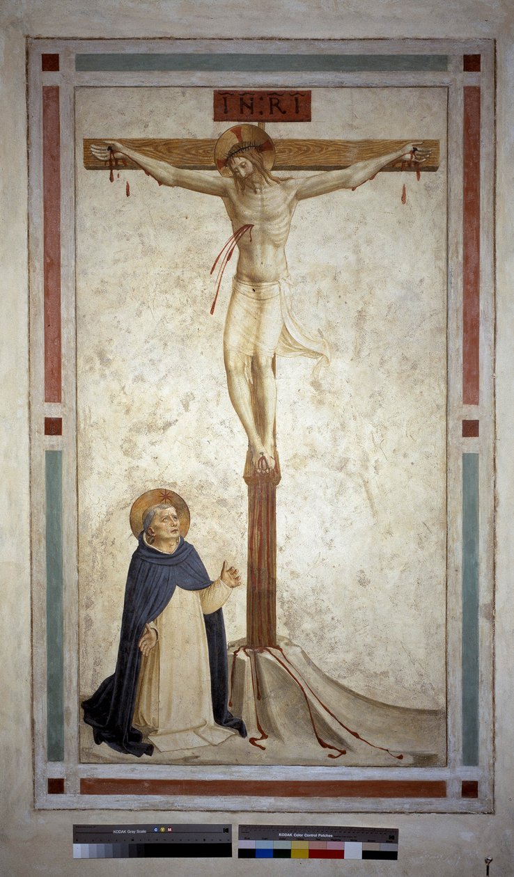 Keresztre feszítés Szent Domonkossal. "INRI"" felirat a kereszten. Guido di Pietro freskója alkotó: Fra Angelico