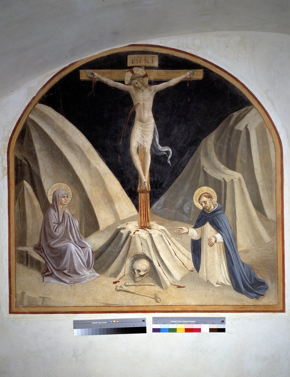 Keresztre feszítés Szűz Máriával és Szent Domonkossal. „INRI” felirat a kereszten 1442 alkotó: Fra Angelico