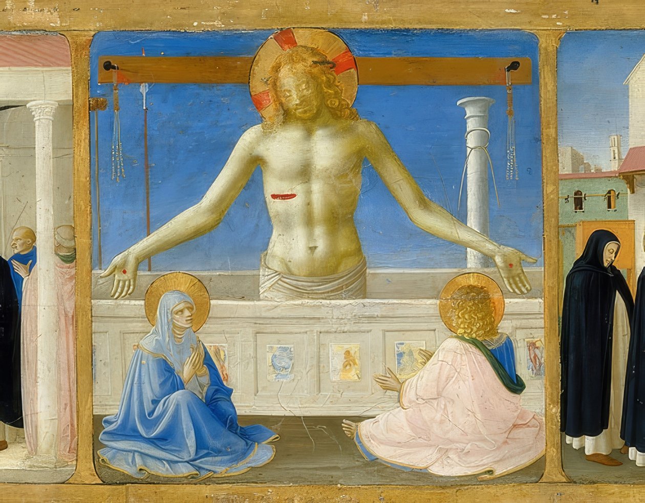 Krisztus feltámadása / Krisztus a fájdalmak embereként (A Mária megkoronázása című oltárkép predellájának részlete). 1430 körül alkotó: Fra Angelico