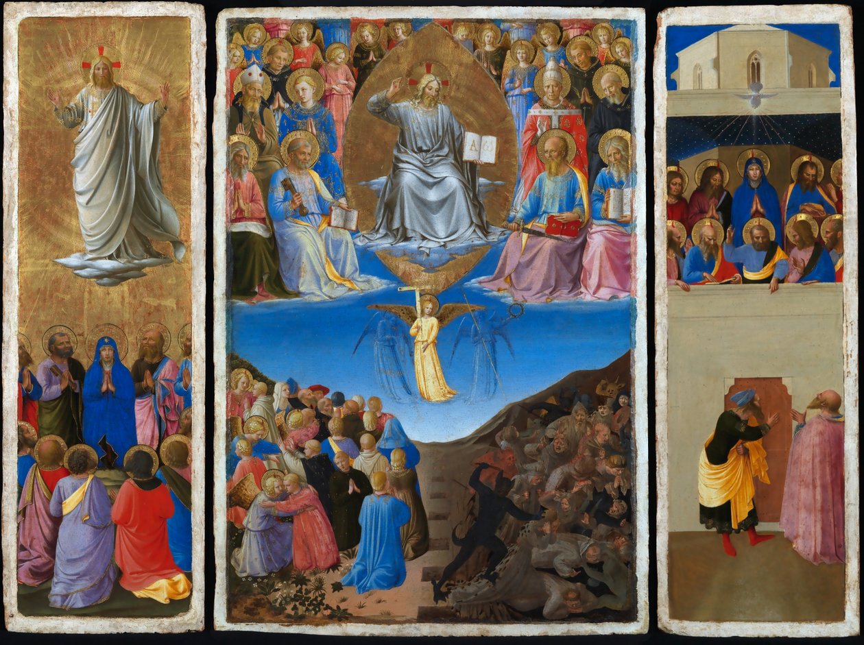 Olasz: Trittico (Ascensione, Giudizio Universale, Pentecoste) Az utolsó ítélet, mennybemenetel és pünkösd triptichonja. alkotó: Fra Angelico