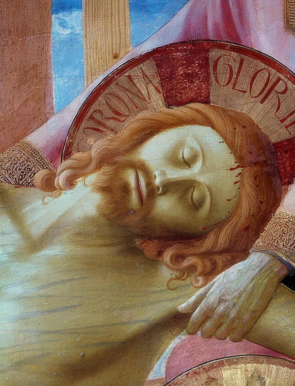 Leszállás a keresztről. A firenzei Santa Trinita eredeti oltárképének központi részének részlete: Krisztus feje. 1437 alkotó: Fra Angelico