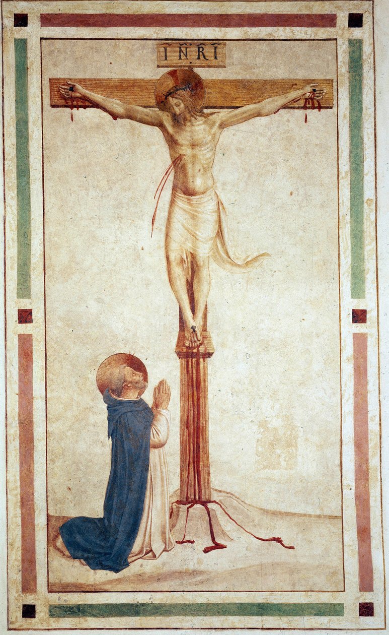 A keresztre feszítés Szent Domonkossal. "INRI"" felirat a kereszten. Guido di Pietro freskója alkotó: Fra Angelico
