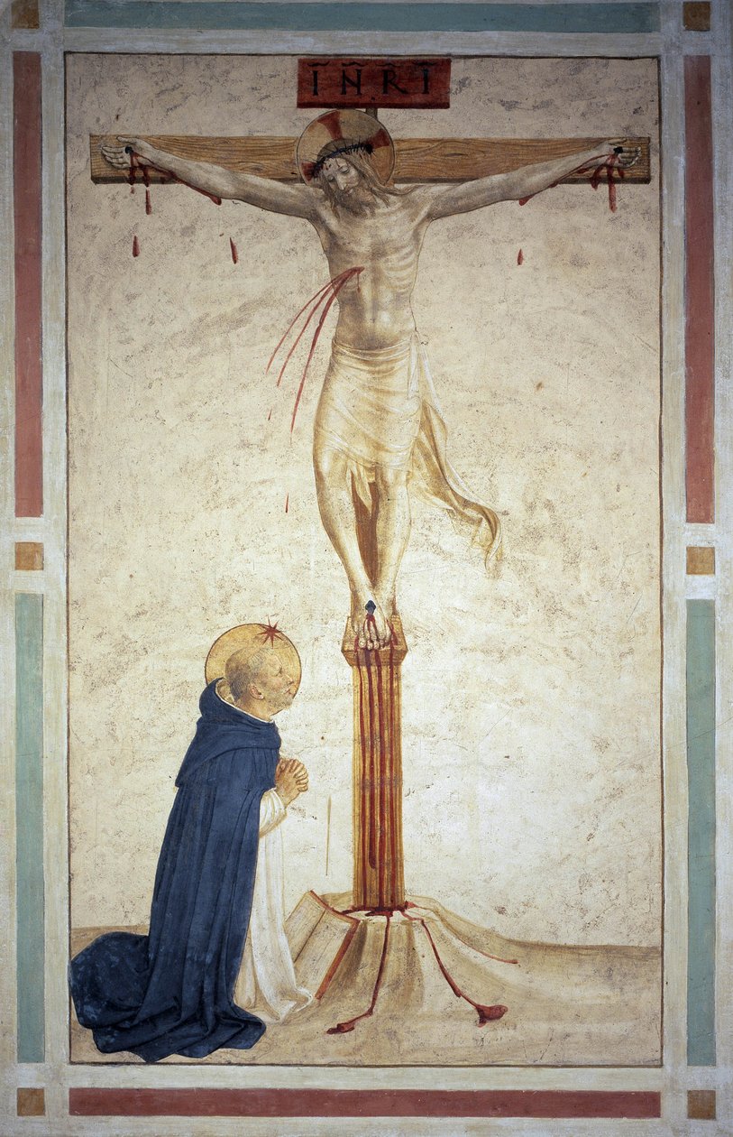 A keresztre feszítés Szent Domonkossal. "INRI"" felirat a kereszten. Guido di Pietro freskója alkotó: Fra Angelico