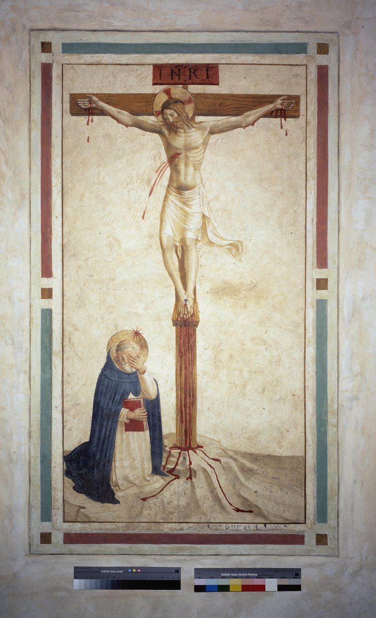 A keresztre feszítés Szent Domonkossal. "INRI"" felirat a kereszten. Guido di Pietro freskója alkotó: Fra Angelico