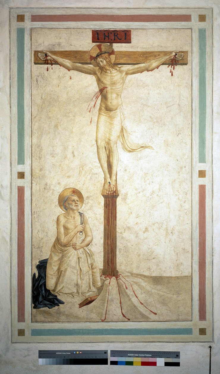 A keresztre feszítés Szent Domonkossal. "INRI"" felirat a kereszten. Guido di Pietro freskója alkotó: Fra Angelico