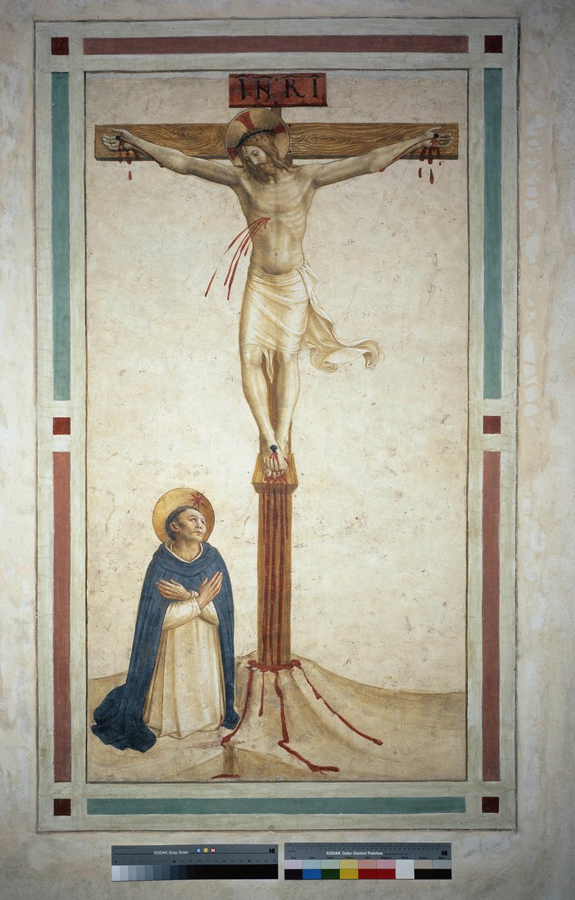 A keresztre feszítés Szent Domonkossal. "INRI"" felirat a kereszten. Guido di Pietro freskója alkotó: Fra Angelico