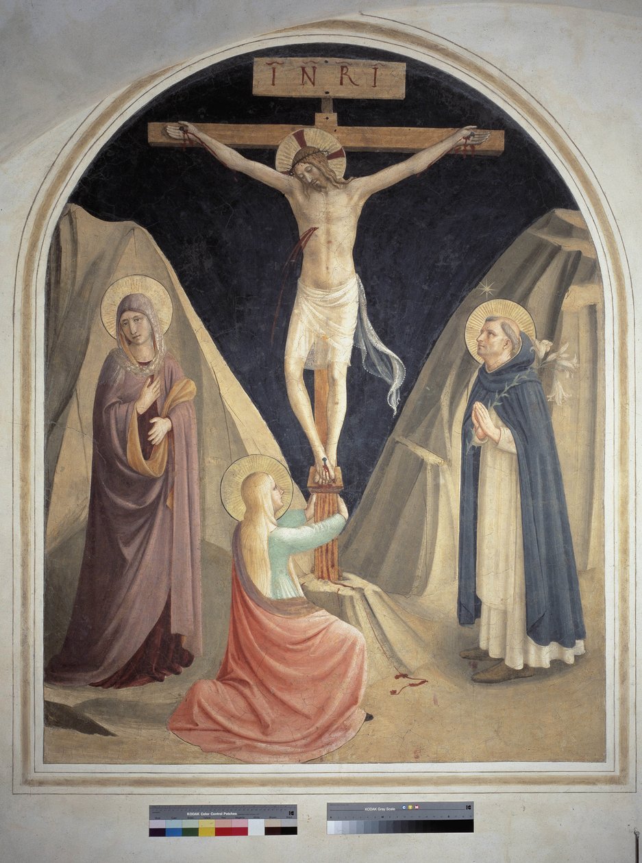 A keresztre feszítés Szent Domonkossal, Szűz Máriával és Szent Mária Magdolnával. "INRI"" felirat a kereszten. Guido di Pietro freskója alkotó: Fra Angelico