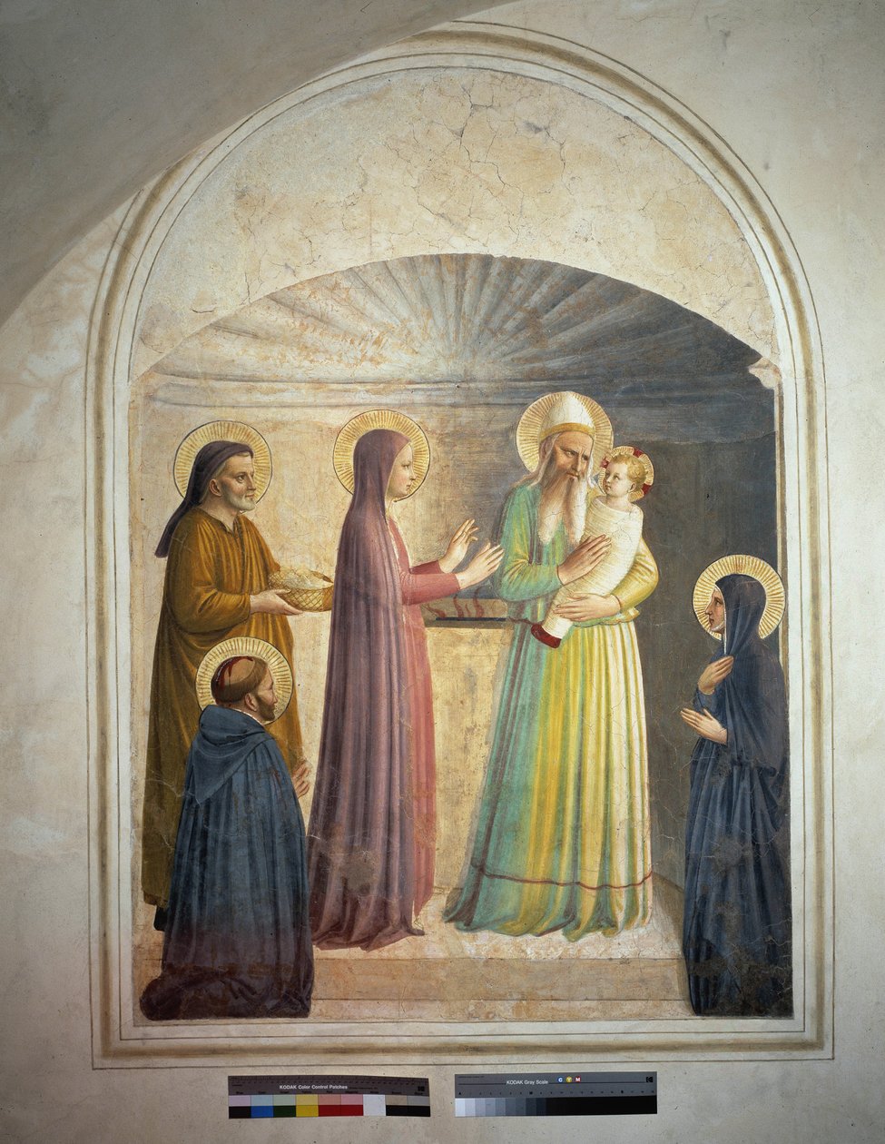Krisztus bemutatása a templomban. Szent Péter vértanú és Villana domonkos apáca figyeli a bibliai jelenetet. Guido di Pietro freskója alkotó: Fra Angelico