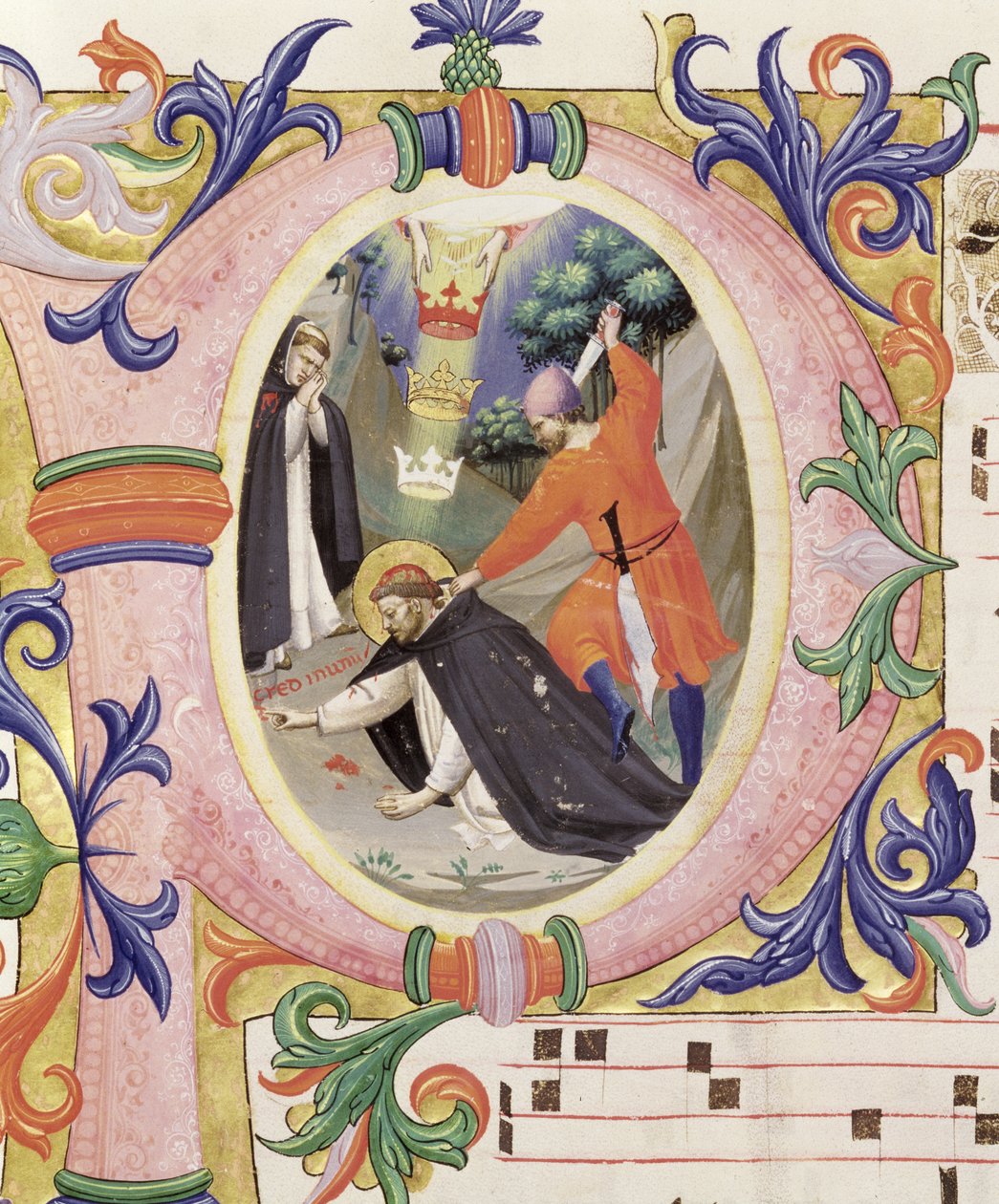 Mise 558 f.68v Történeti kezdetű „P”, amely Szent Péter vértanú meggyilkolását ábrázolja alkotó: Fra Angelico