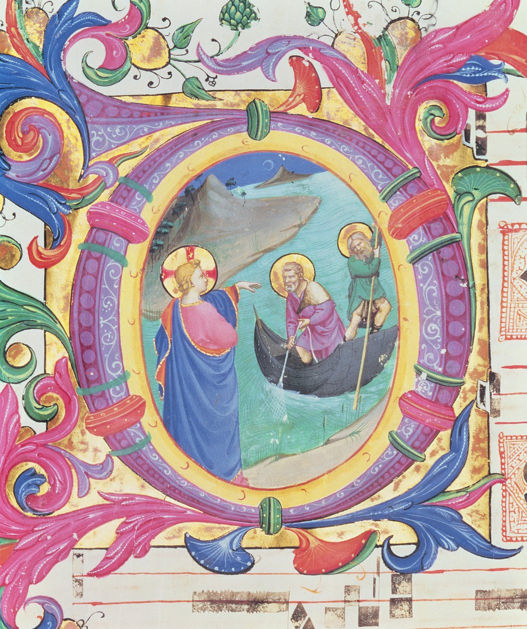 Mise 558 f.9r Történeti kezdetű O, amely a halak csodálatos vízrajzát ábrázolja (88928 részlete) alkotó: Fra Angelico