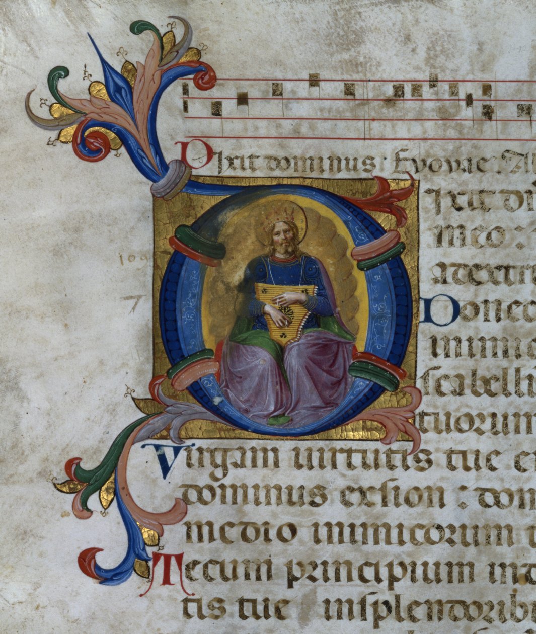Ms 531 f.169v Történelmi „D” kezdőbetű, amely Dávid királyt ábrázolja lírájával, egy San Marco és Cenacoli zsoltárból alkotó: Fra Angelico