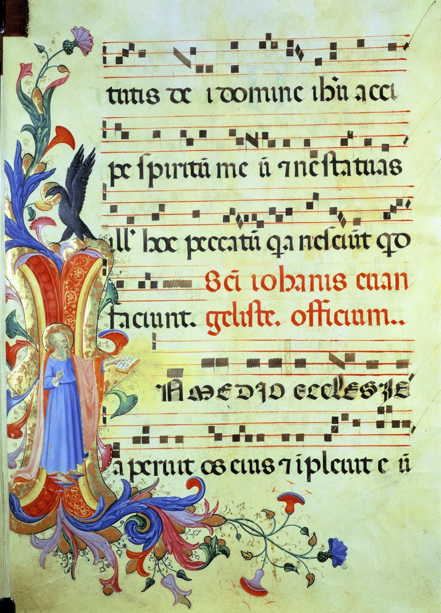 Ms 558 f.13v Történeti "I" kezdőbetű, amely Szent János evangélistát ábrázolja, egy misekönyv kottás lapjával, 1430-as évek eleje alkotó: Fra Angelico