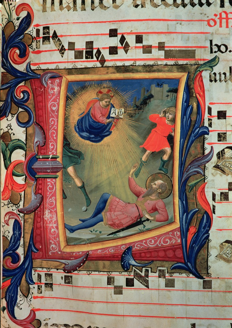 Ms 558 f.21v Történeti kezdetű, amely Szent Pál megtérését ábrázolja, részlet egy misekönyvből, 1430-as évek elején alkotó: Fra Angelico
