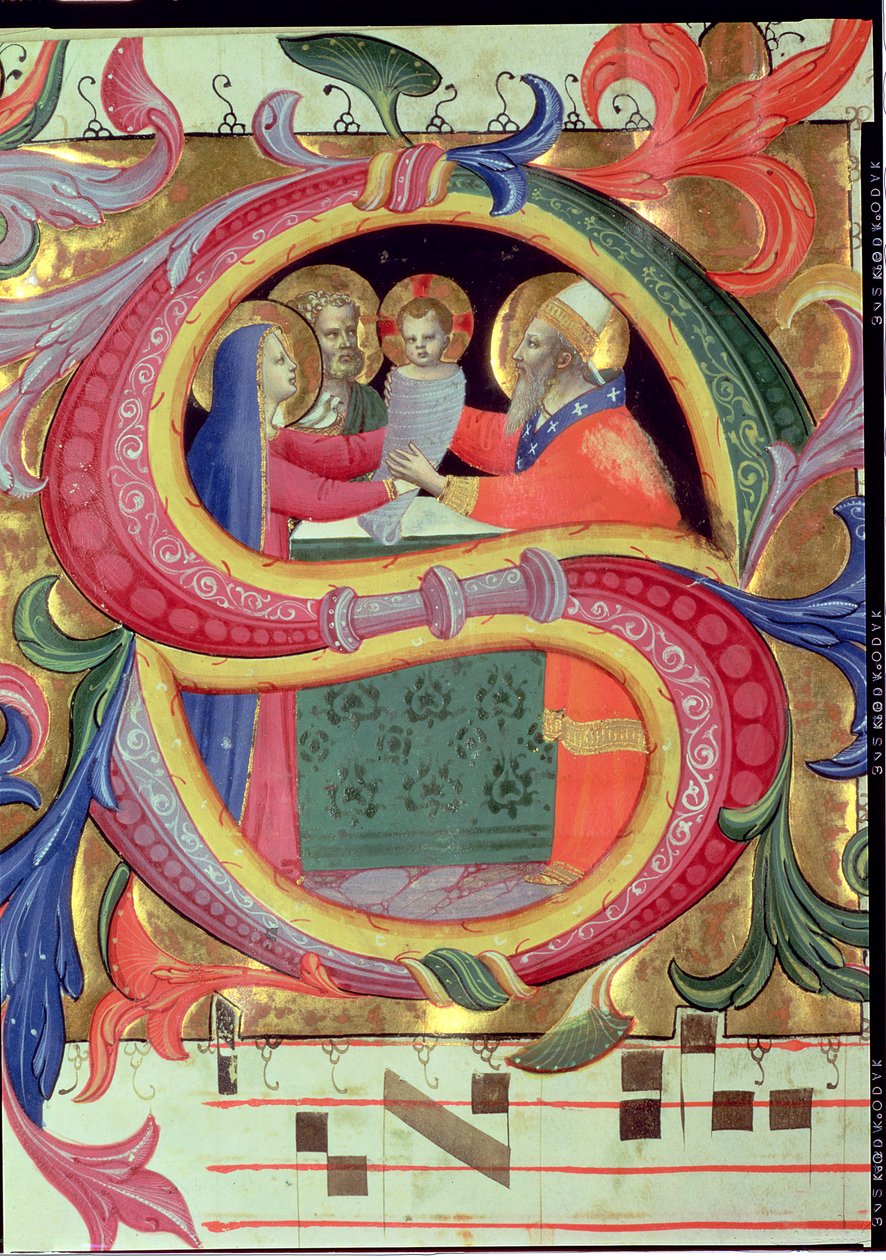 Ms 558 f.26v Az előadás a templomban, történeti S betűvel ábrázolva, egy misekönyv részlete, az 1430-as évek elején készült 78832-es pergamen részlet alkotó: Fra Angelico