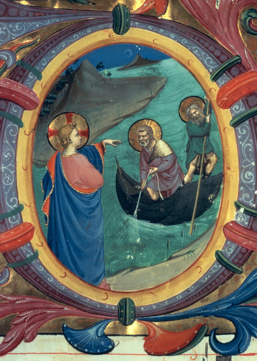 Ms 558 f.9r Szent Péter és Szent András elhívása, a történetileg írt O kezdőbetű részlete egy misekönyvből, az 1430-as évek eleji pergamen részlet a 88928-ból alkotó: Fra Angelico